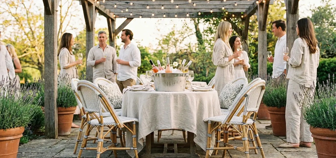 Rattan bistro chairs and outdoor wine party setup with pergola string lights and lavender