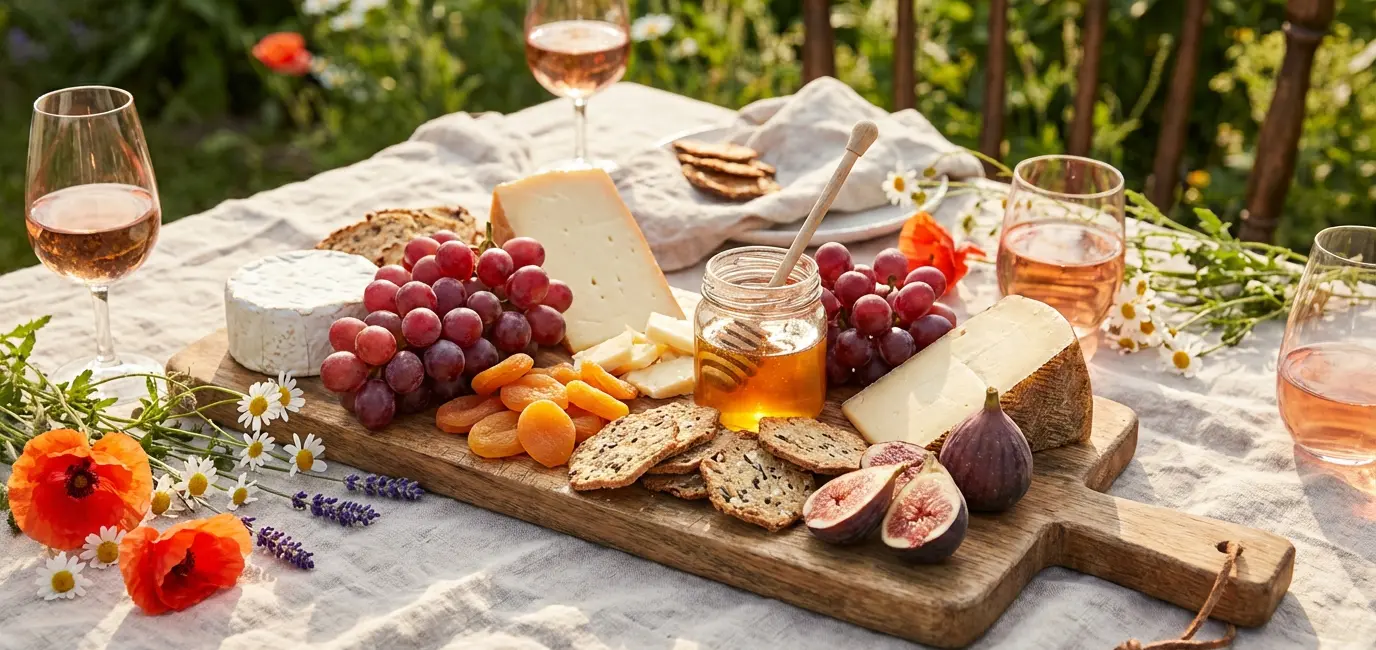 Outdoor spring wine party grazing board with cheese, grapes, figs, and rose wine