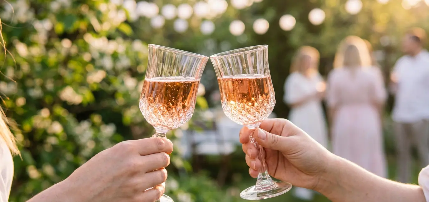 Hands clinking rose wine glasses at a spring outdoor wine party in golden hour light
