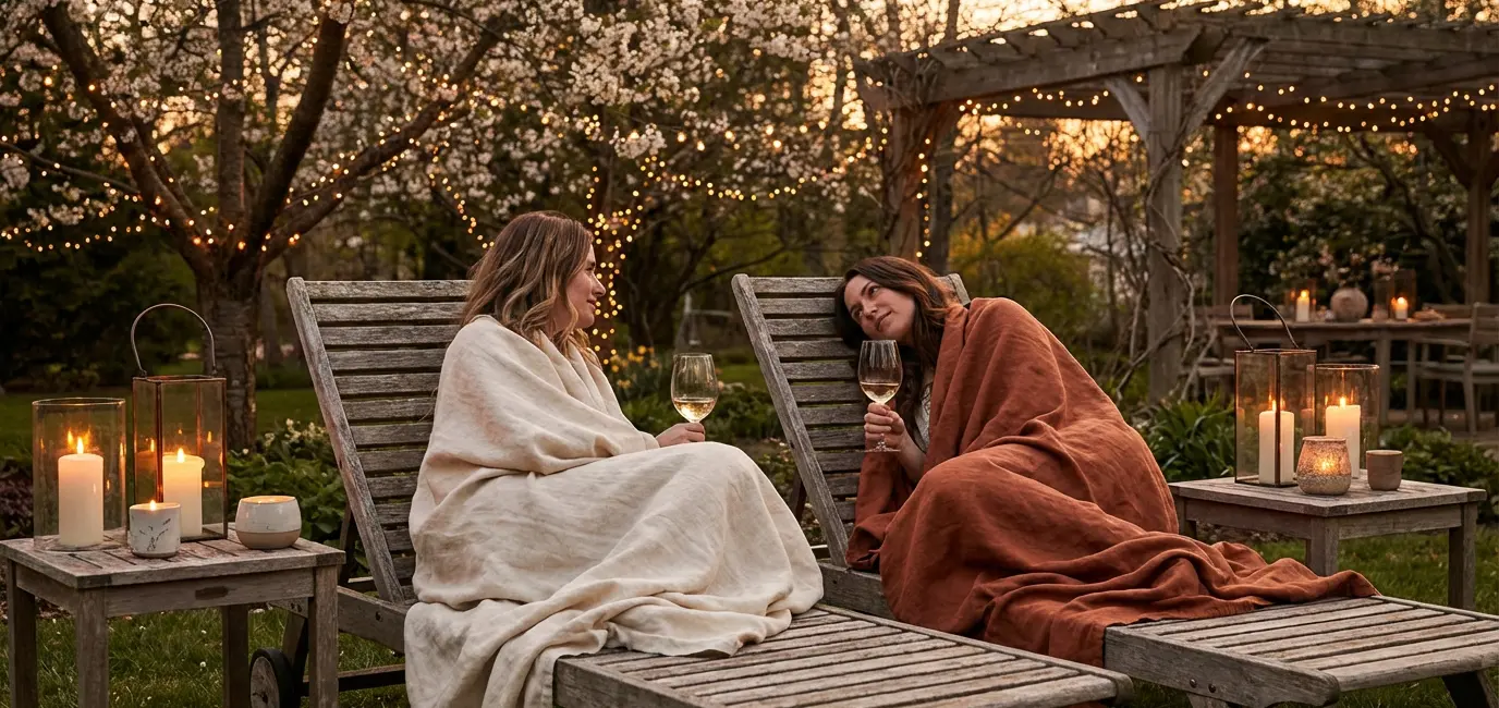 Two women in linen wraps enjoying wine at an outdoor spring evening party by candlelight