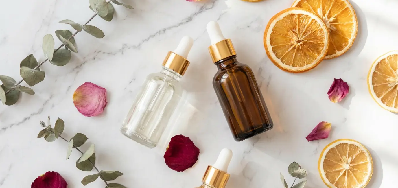 perfume bottles flat lay on marble with dried botanicals and rose petals