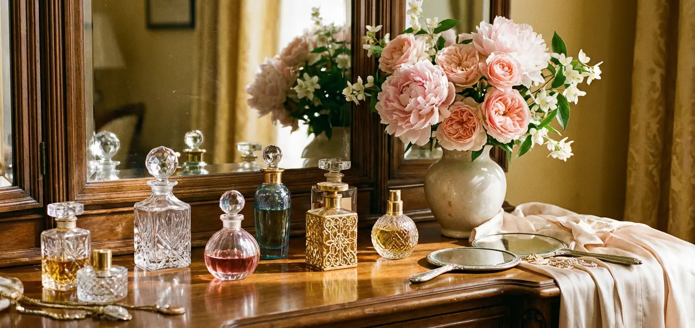 perfume layering guide vanity dresser with collection of fragrance bottles