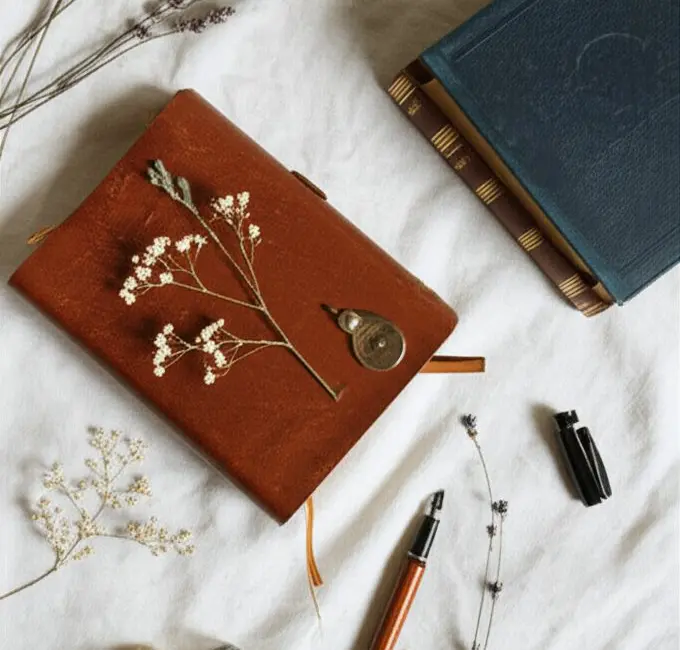 poetcore aesthetic 2026 flat lay with journal flowers and vintage books