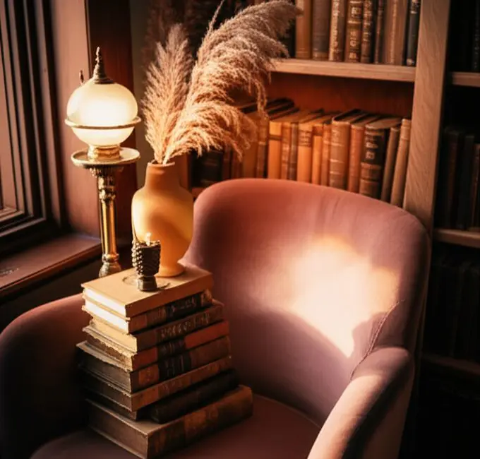 poetcore aesthetic home decor cozy reading nook with velvet chair and vintage books