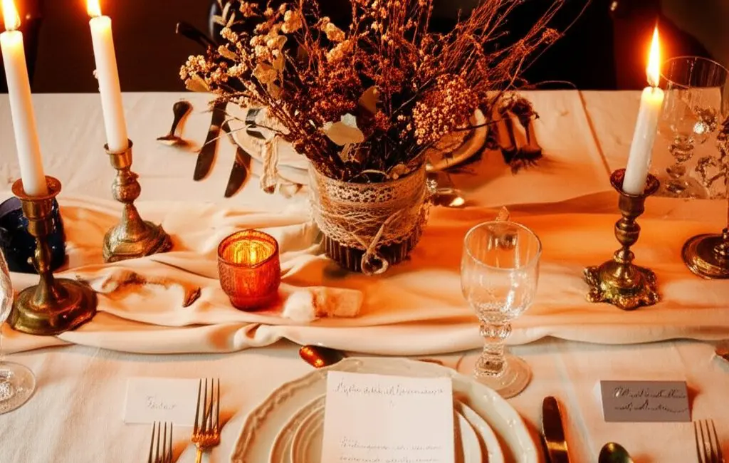 poetcore aesthetic dinner table setting with dried botanicals and vintage candlesticks