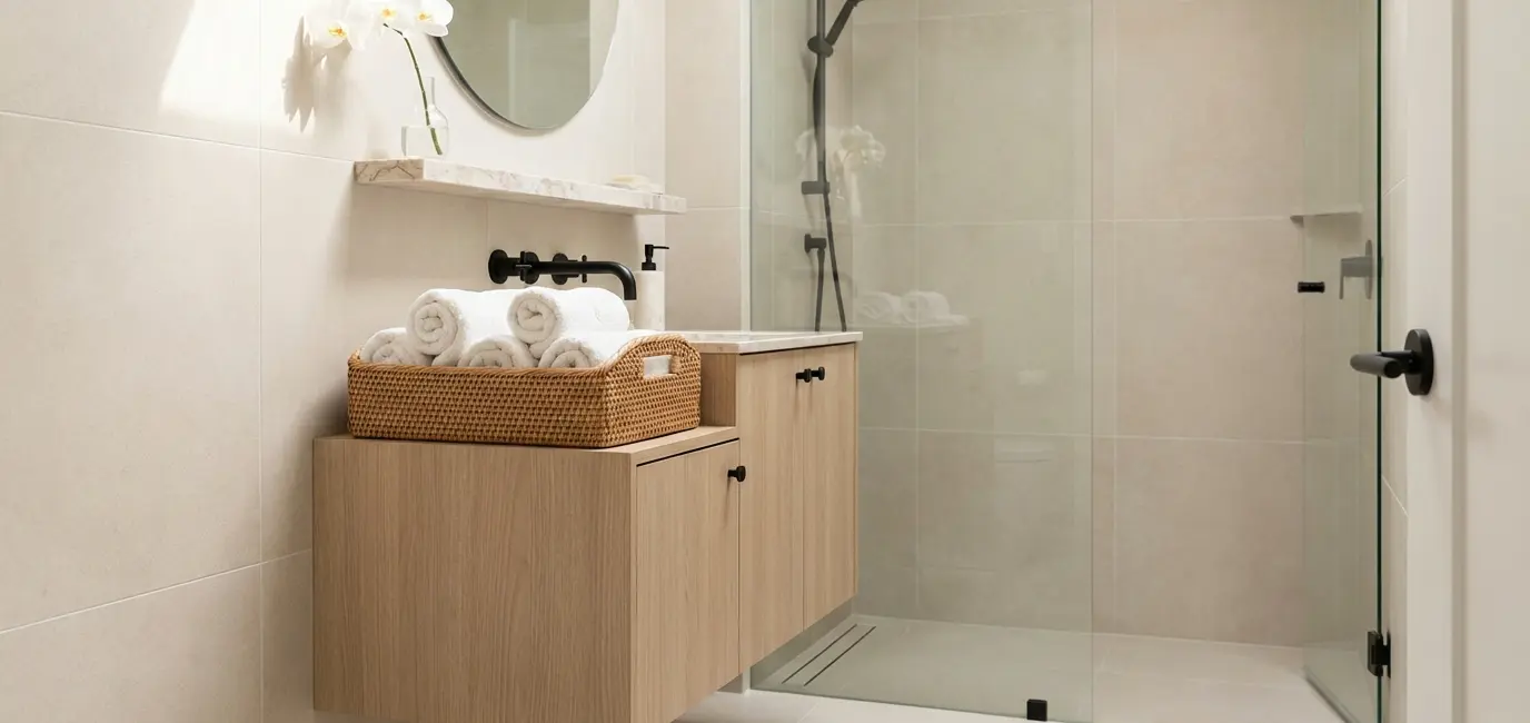 quiet luxury bathroom refresh on a budget with white towels orchid marble shelf and matte black fixtures