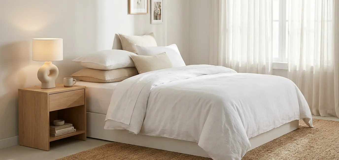 quiet luxury bedroom on a budget with crisp white linen bedding stacked pillows and sculptural lamp
