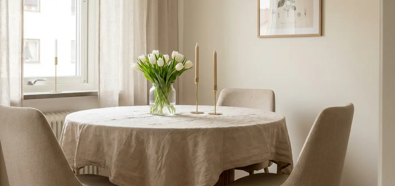 quiet luxury dining area on a budget with linen tablecloth glass vase white tulips and gold candlesticks