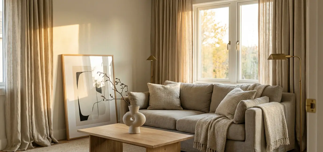 quiet luxury home decor ideas on a budget - serene living room with linen sofa neutral tones and brass accents