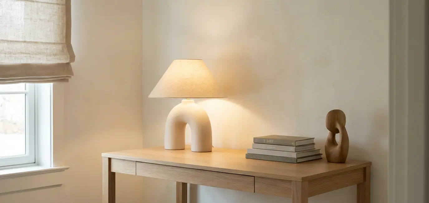 quiet luxury home office corner on a budget with oak desk stacked books sculptural object and linen roman shade