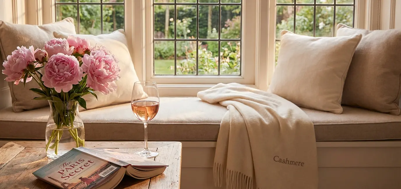 romantic book club wine pairing rose wine romance novel pink peonies cashmere throw reading nook