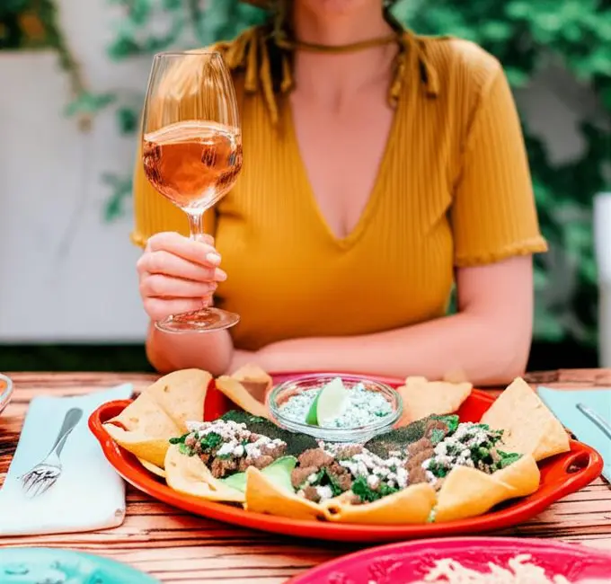 woman enjoying rosé wine with colorful Mexican feast at home
