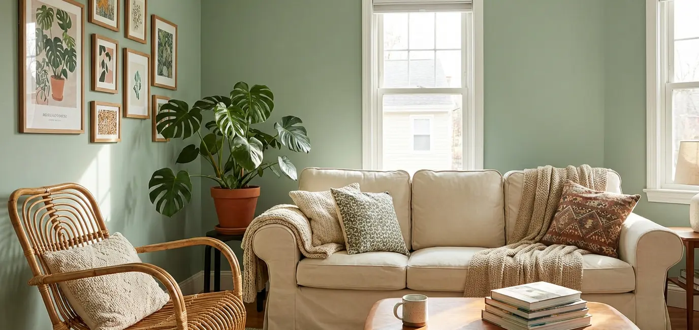 budget sage green living room with painted walls cream sofa rattan chair monstera plant and gallery wall art prints