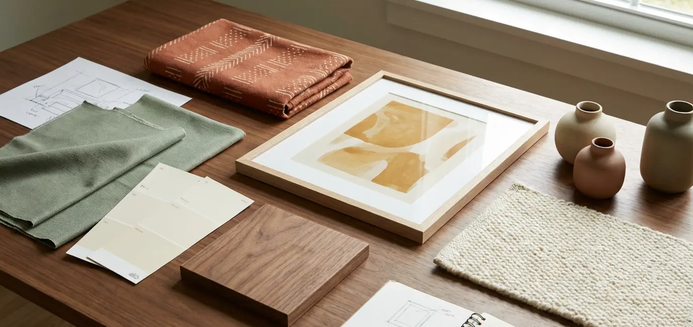 sage green sofa with terracotta cushions cream walls walnut side table and ochre artwork color palette