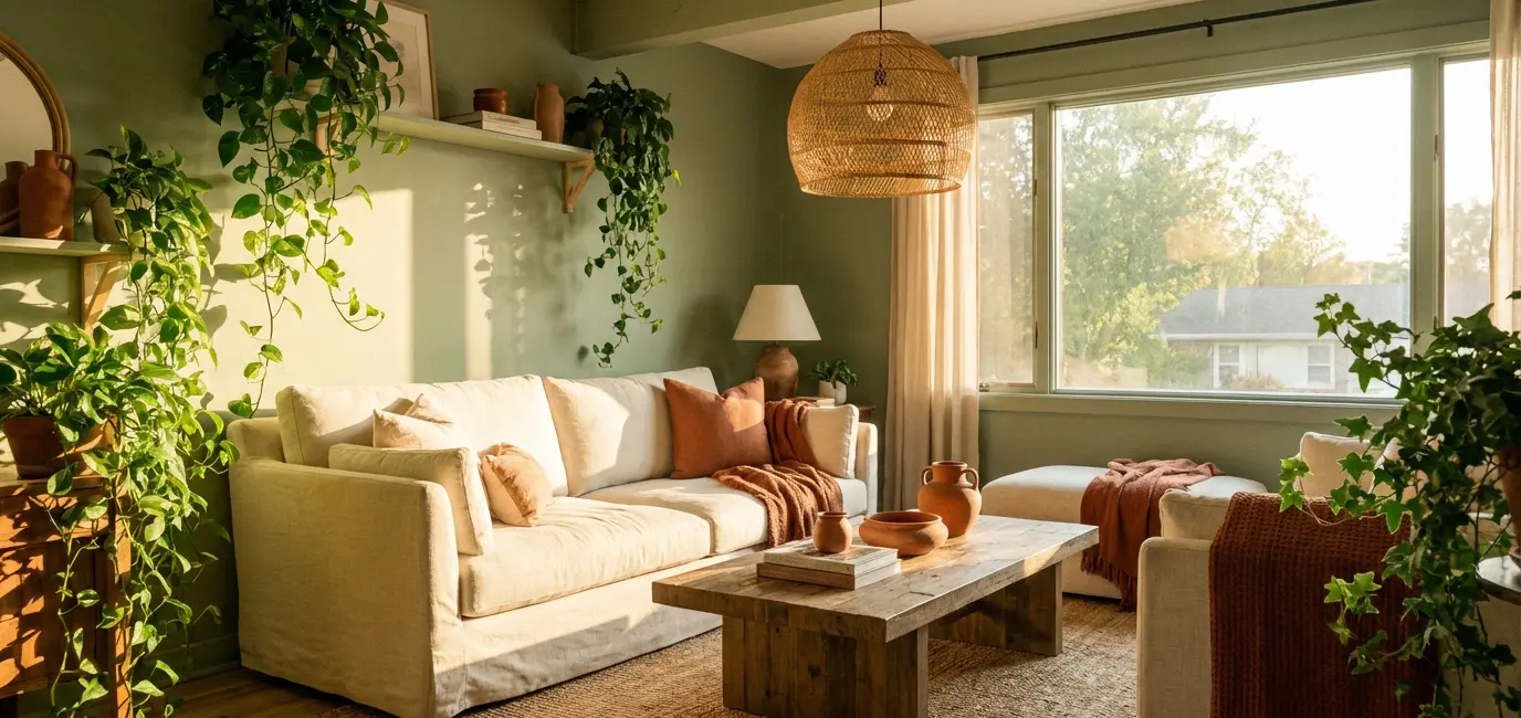 sage green living room with cream sofa terracotta accents rattan pendant light and lush plants