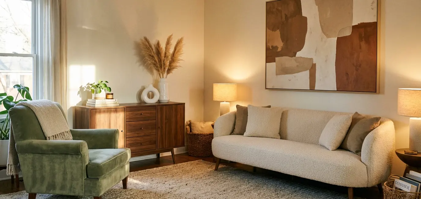 sage green velvet armchair and cream boucle sofa with walnut credenza ceramic vases and pampas grass