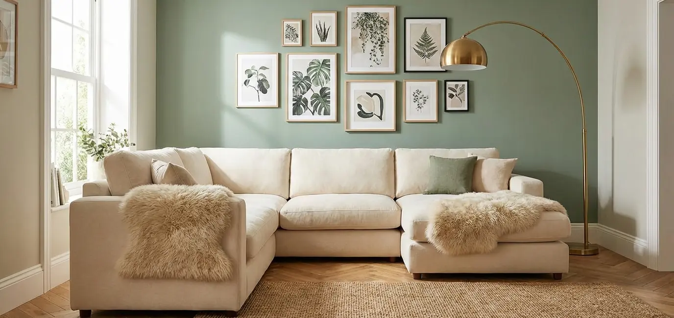 sage green accent wall in living room with cream sectional sofa brass lamp and gallery art prints
