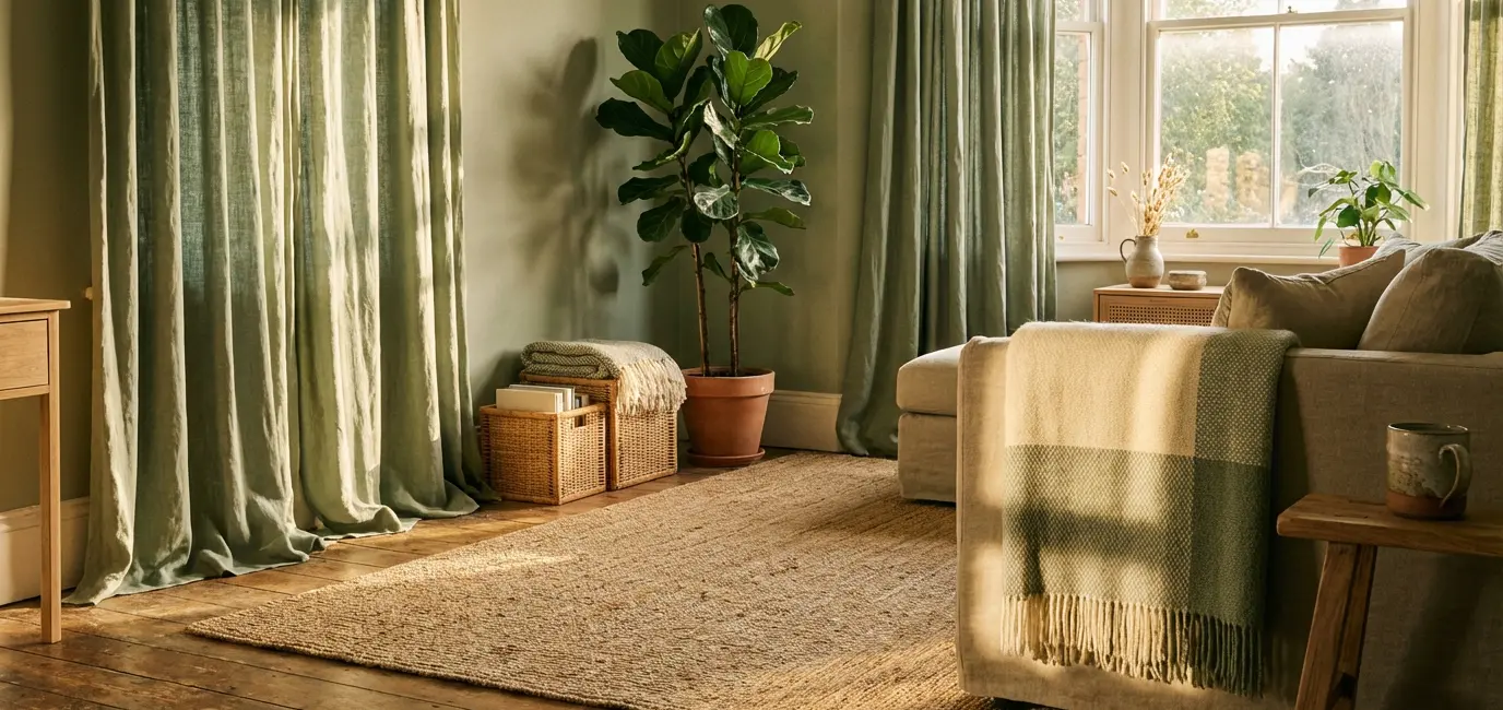 sage green linen curtains jute rug fiddle leaf fig plant and wicker baskets in cozy natural living room