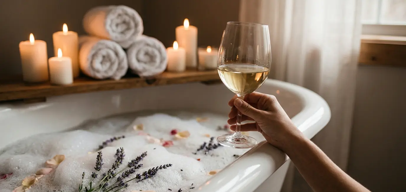 relaxing spa day at home bubble bath with lavender floating petals white wine and candles