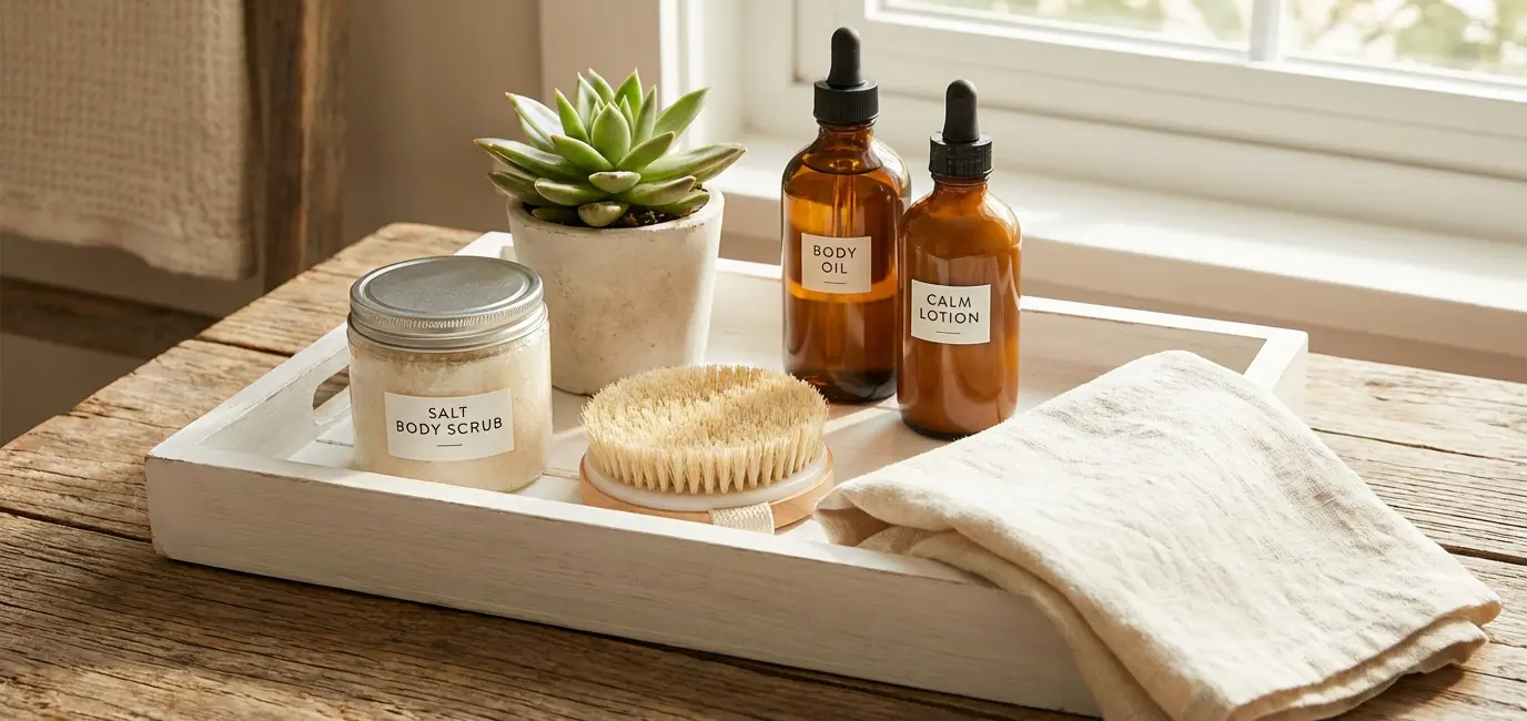 at home spa body care tray with body scrub brush oil lotion succulent and linen towel