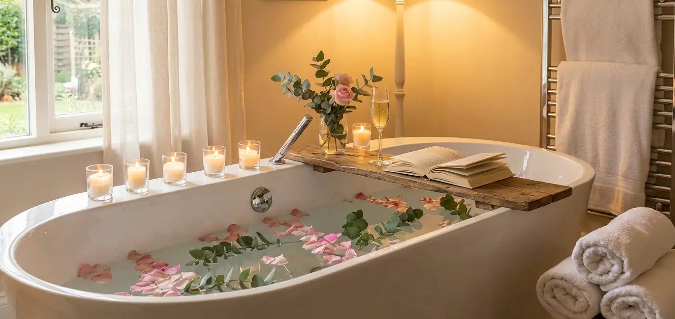 spa day at home - luxurious bathtub with rose petals eucalyptus candles wine and wooden bath tray