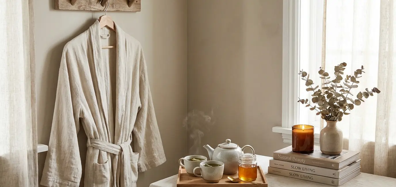 cozy spa day at home relaxation corner with robe herbal tea tray candle beauty books and eucalyptus