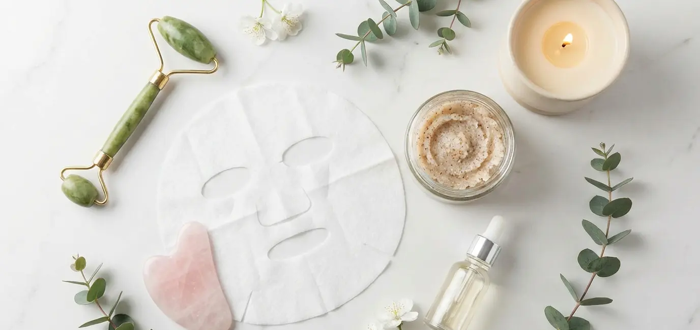 at home spa skincare flatlay with jade roller gua sha face mask serum and candle on marble