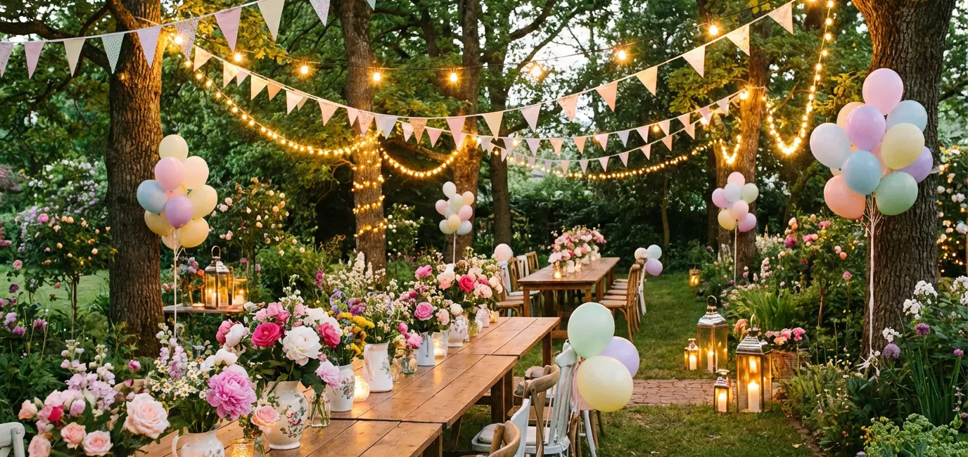 spring garden party decorations with fairy lights and floral centerpieces