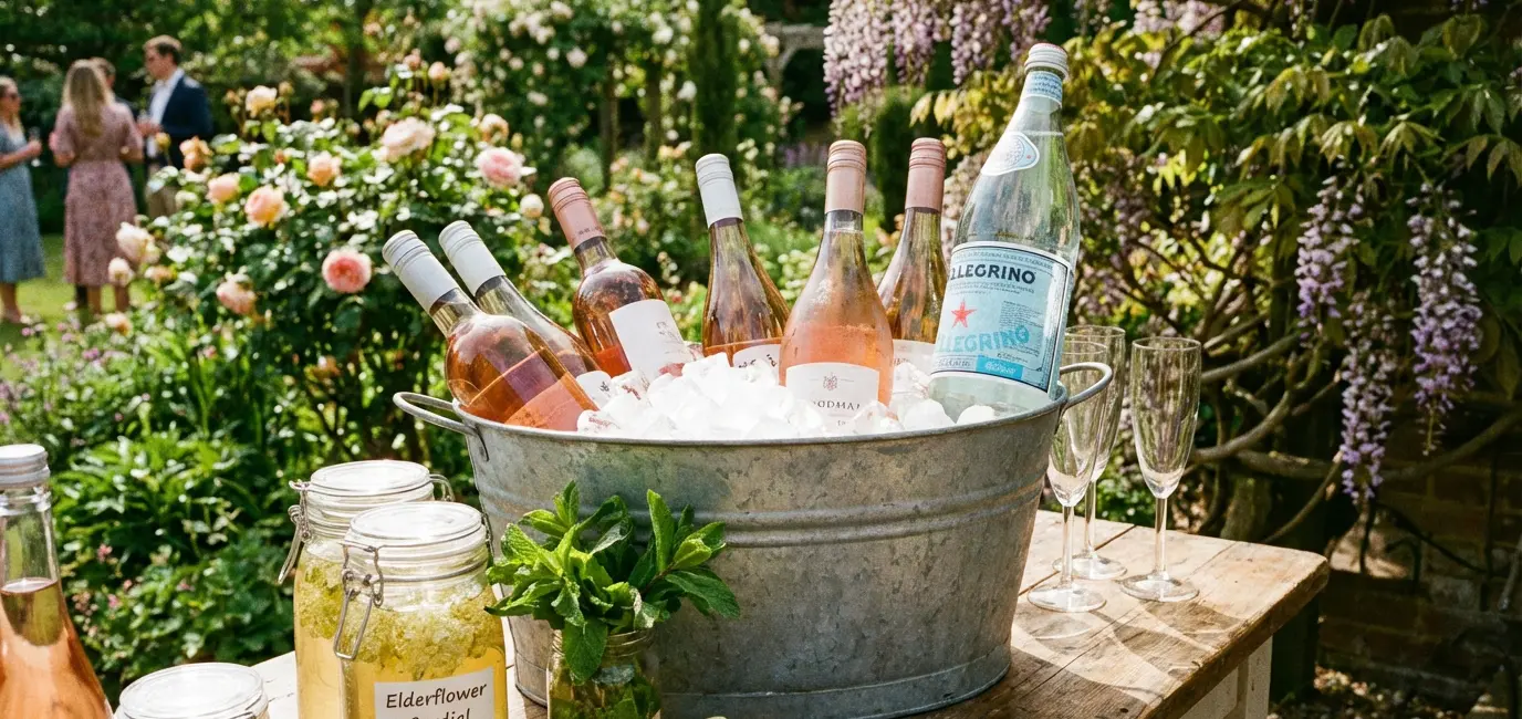 spring garden party drinks station with rosé wine and elderflower cordial