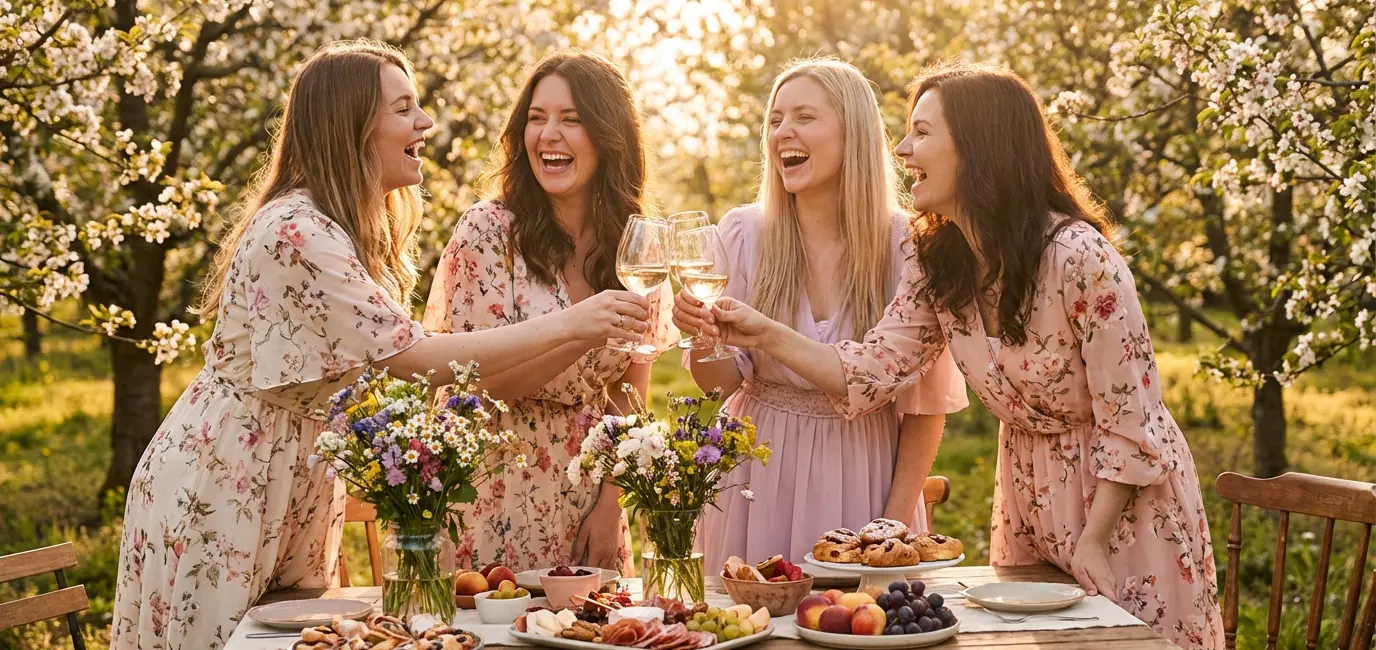 friends enjoying a spring garden party with wine and laughter outdoors