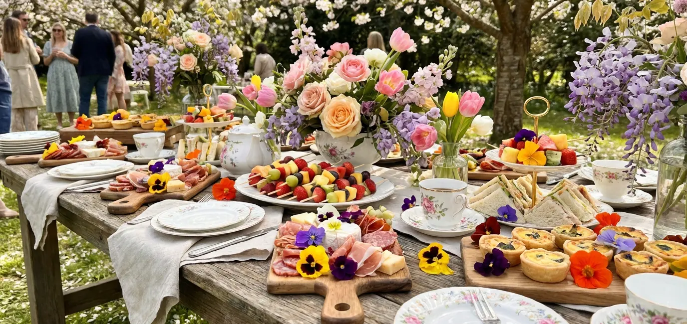 spring garden party food spread with finger foods and edible flowers