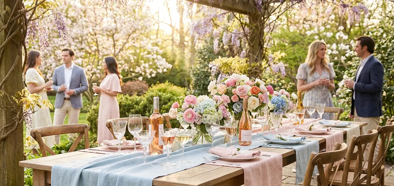 spring garden party ideas with floral table and wine outdoors in golden light
