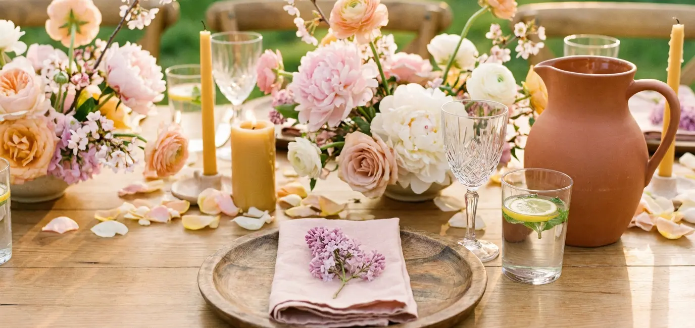 spring garden party tablescape with pastel florals and crystal wine glasses