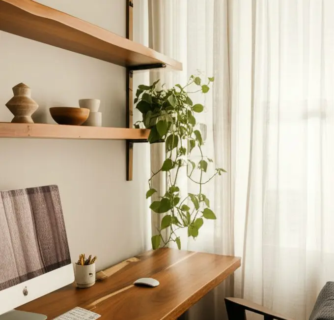 biophilic home office live edge wooden desk potted plants rattan pendant light linen curtains sustainable decor