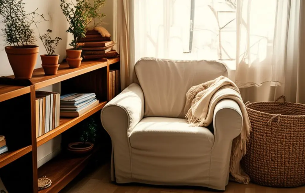 cozy reading corner sustainable decor terracotta clay pots wicker basket cotton throw linen armchair warm light