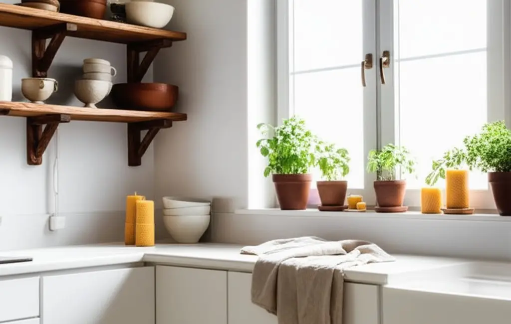 eco-friendly kitchen open wooden shelves ceramic bowls potted herbs linen dish towels beeswax candles