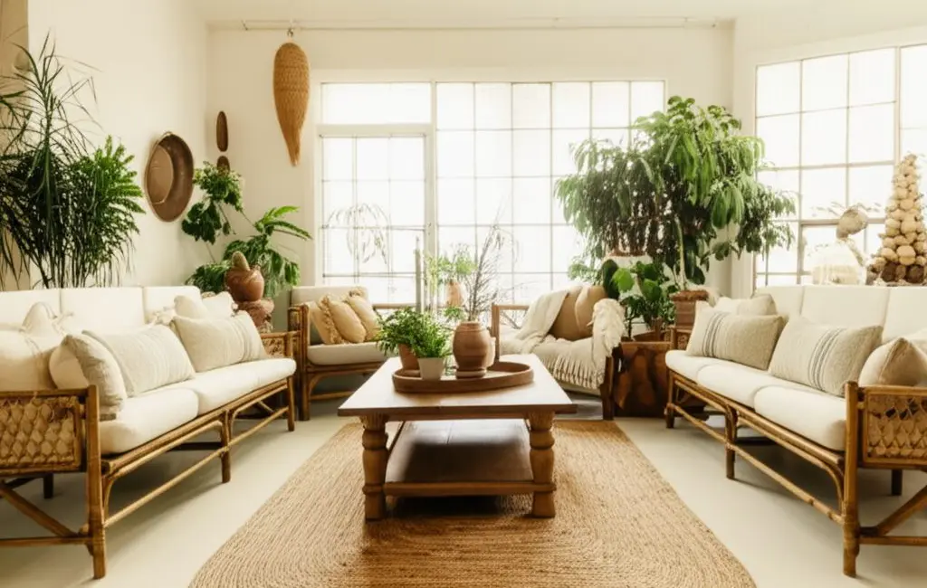 sustainable home decor ideas living room rattan furniture linen cushions plants