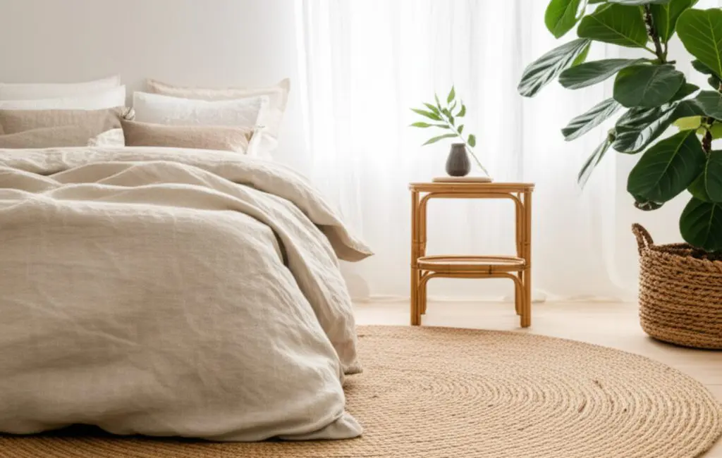 organic natural materials bedroom linen bedding jute rug bamboo side table sustainable interior design