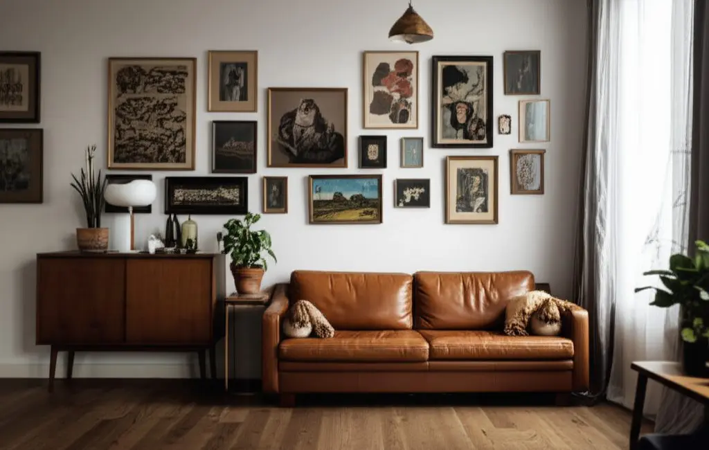 secondhand vintage furniture styled living room sustainable decor caramel leather sofa gallery wall
