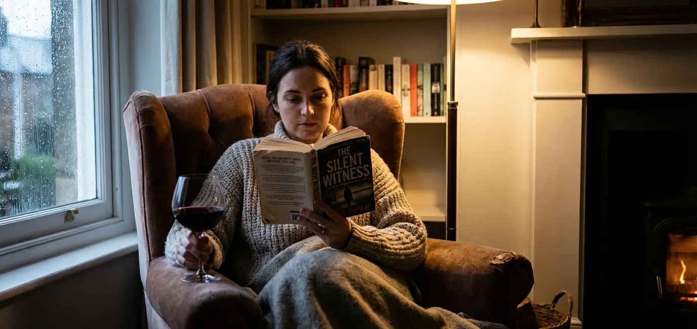 woman reading thriller mystery novel with bold red wine on rainy evening cozy armchair