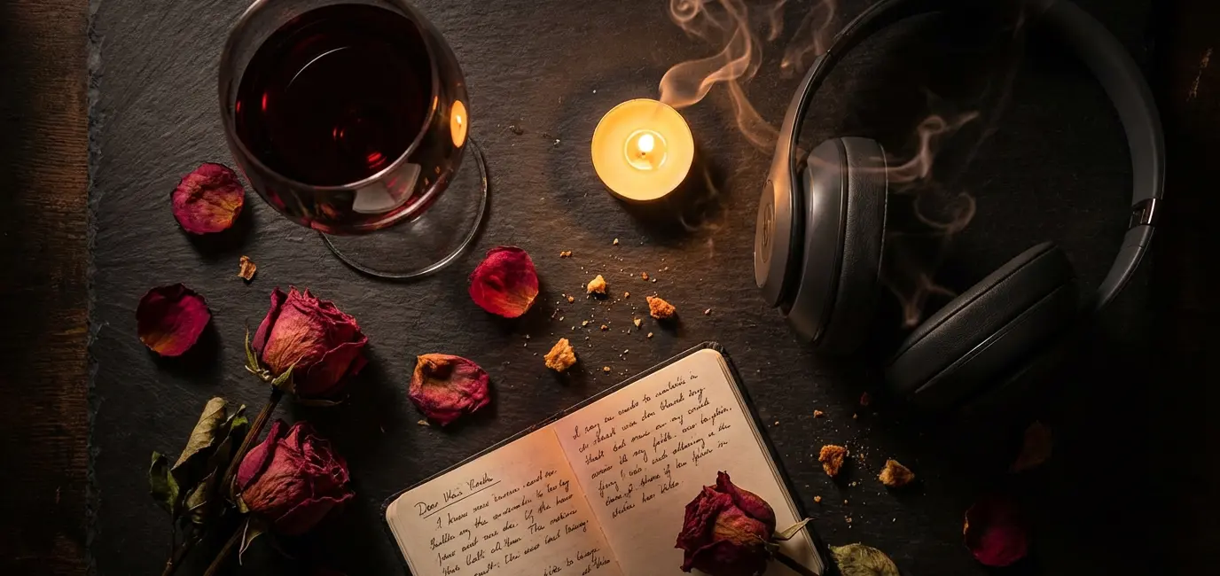 moody flat lay with red wine glass headphones and candle for true crime podcast night