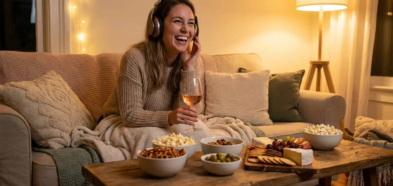 woman laughing with rose wine and headphones during true crime comedy podcast night