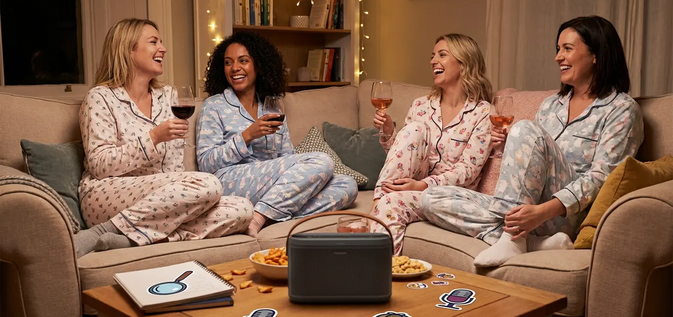 girls night in with true crime podcast wine and snacks on the couch