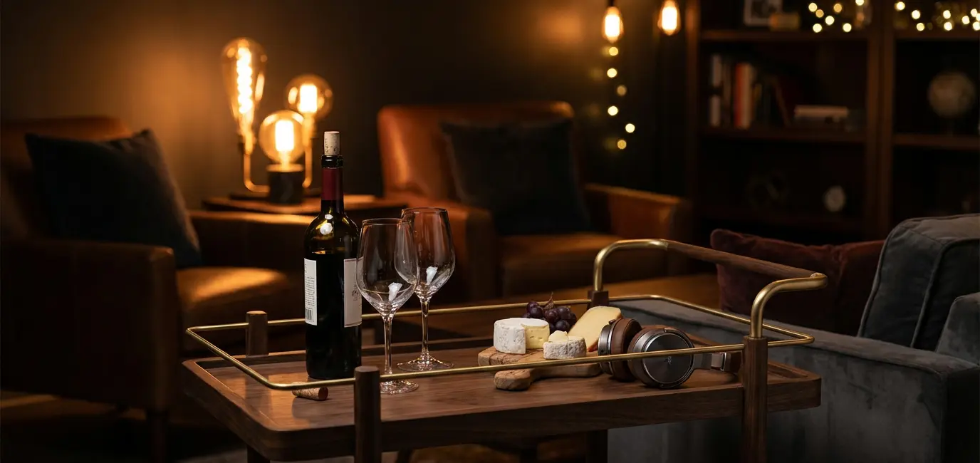 home bar cart wine setup for a podcast and wine evening