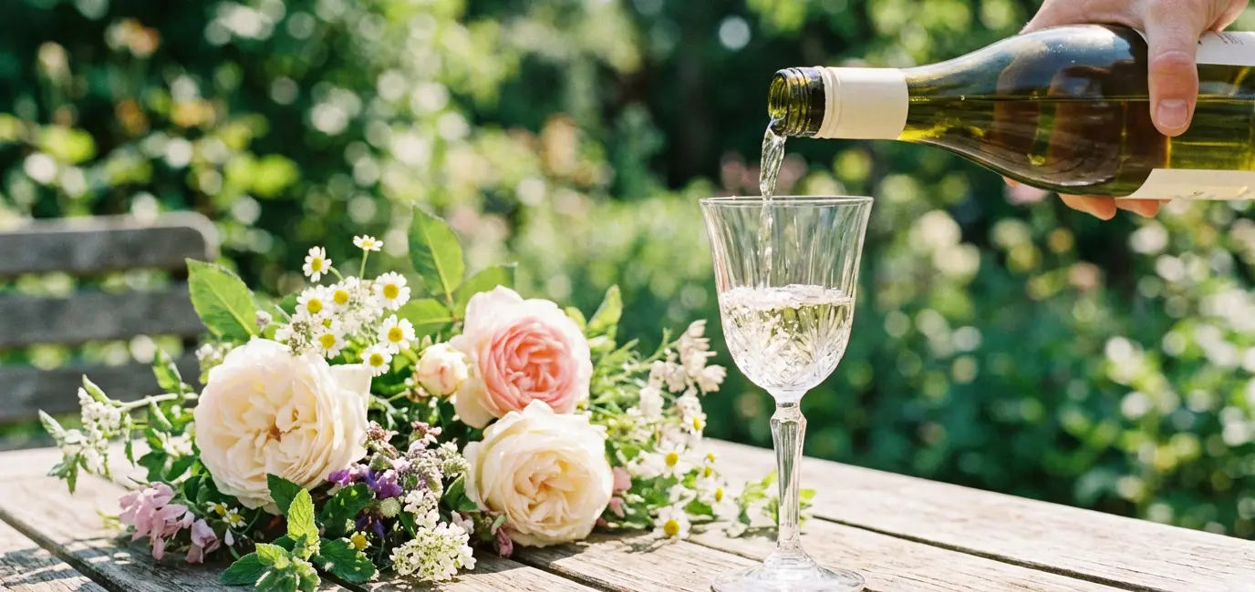 crisp white wine being poured into glass outdoors sunny garden table beginner wine choice