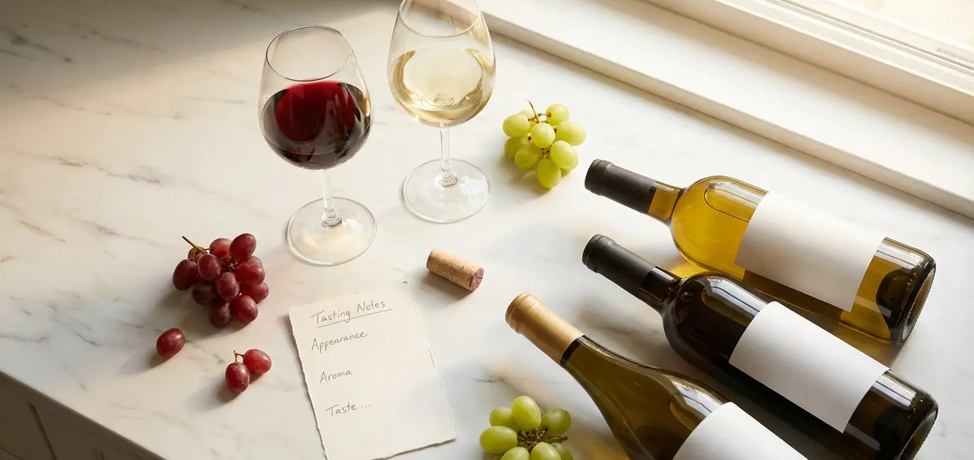 best wine for beginners flat lay with red and white wine glasses and bottles on marble