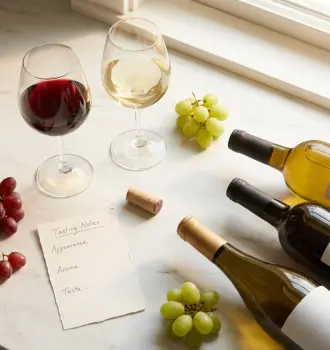 best wine for beginners flat lay with red and white wine glasses and bottles on marble