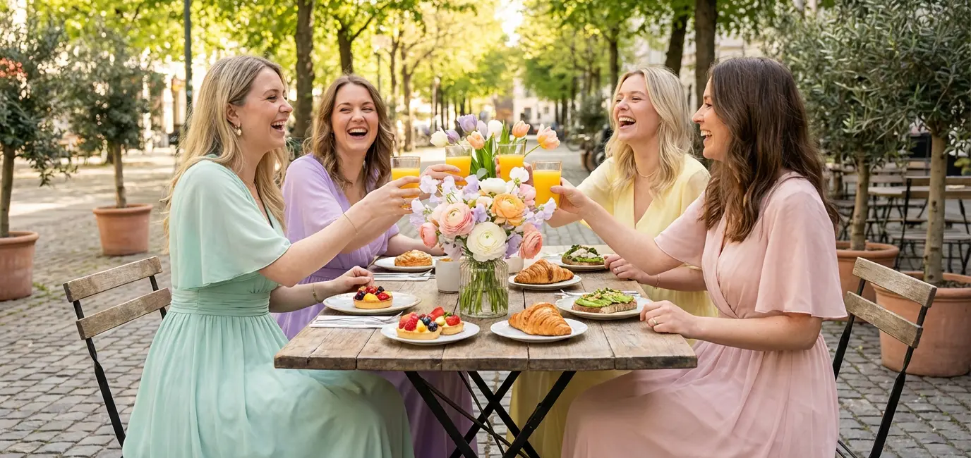 stylish women in pastel spring dresses at outdoor cafe brunch spring brunch outfit ideas