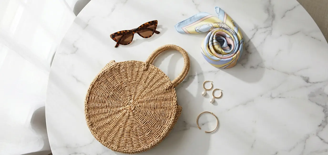 spring brunch accessories flat lay straw bag sunglasses pearl earrings silk scarf marble surface