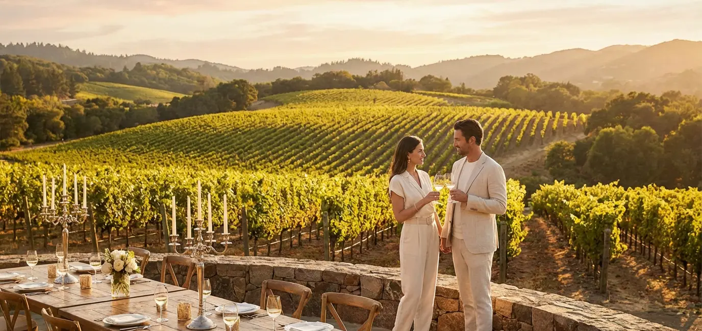California Chardonnay vineyard golden hour rolling hills sunset wine country